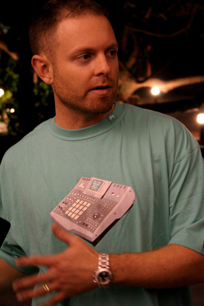 DJ Shadow — Photograph of DJ Shadow. The picture on the t-shirt is a MPC inspired graphic based loosely on the Akai MPC4000.
